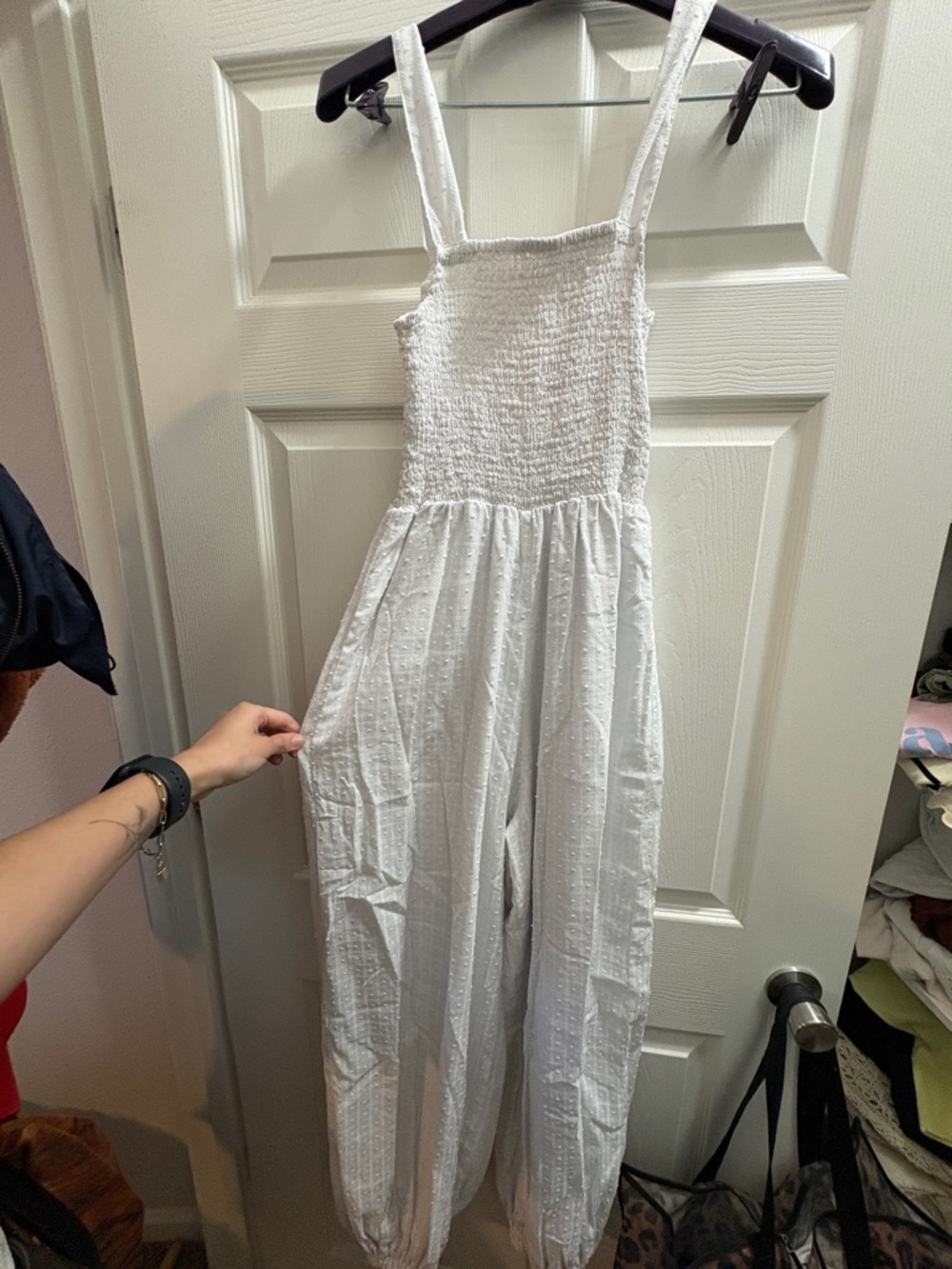 White Smocked Jumpsuit with Adjustable Straps
